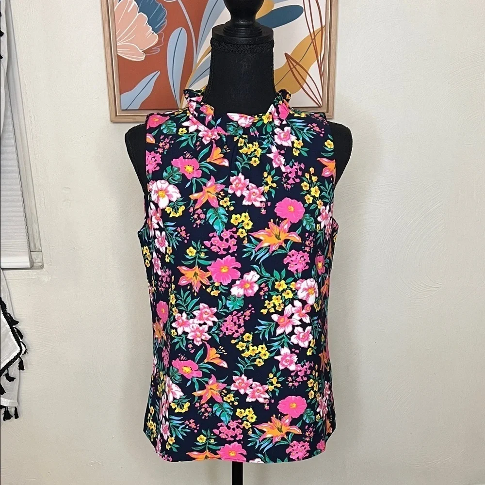J. Crew Printed Ruffleneck Top Blouse Navy Floral Size XS